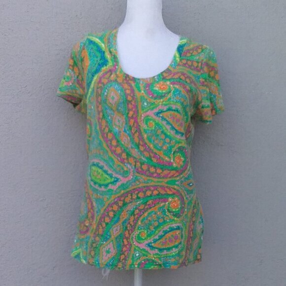 Vintage Lauren by Ralph Lauren Women's Green Paisley Tee Preppy Size L Cotton - Picture 5 of 5